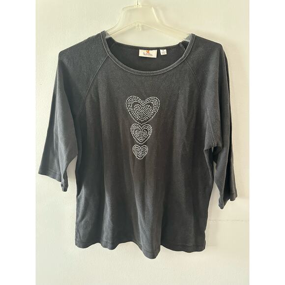 Quacker Factory Top Women's XL Black Rhinestone Hearts 3/4 Sleeves Crewneck - Picture 1 of 5